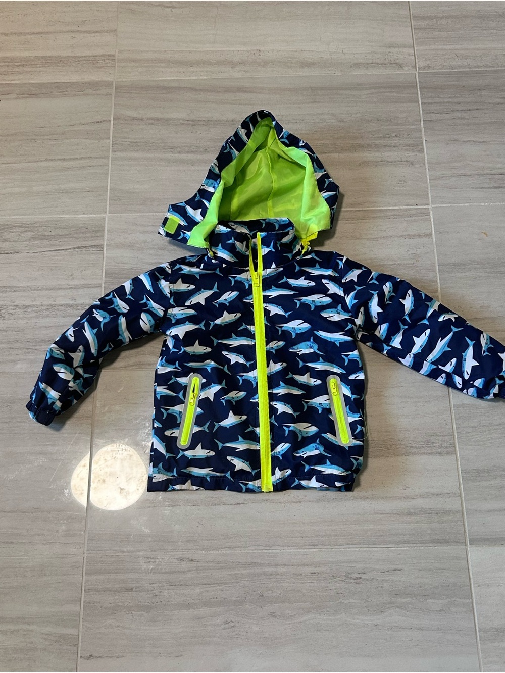 Kids Shark-Print Hooded Raincoat in Navy and Lime Shark Raincoat 3T